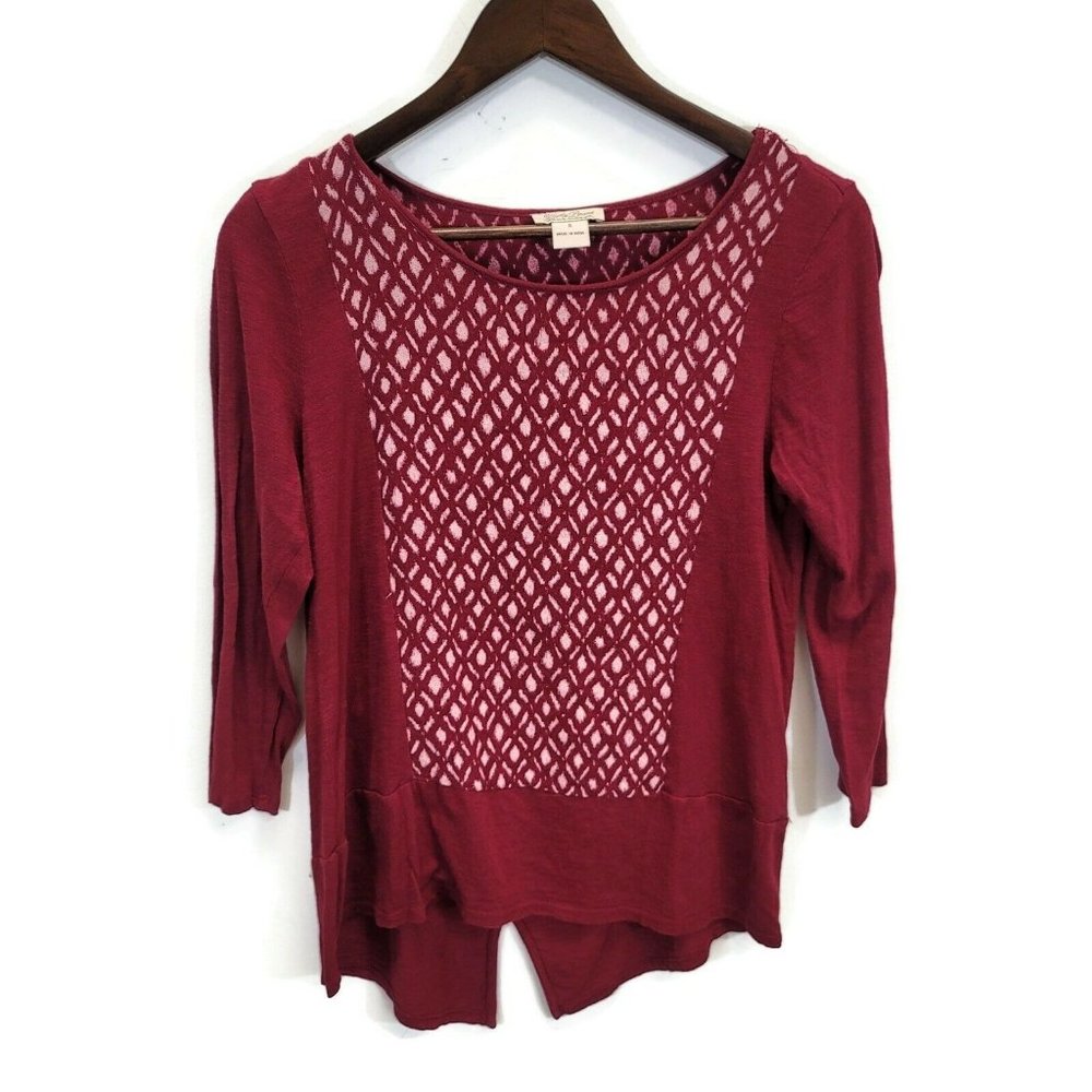 Lucky Brand Womens Bohemian Top Size S 3/4 Sleeve Geometric Split Back Hi Low